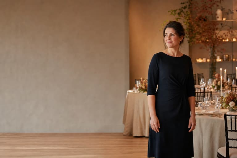An event planner standing at the edge of a reception room she has set